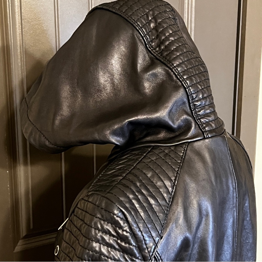 MICHAEL KORS Genuine Leather Hooded Moto Jacket, Size Large - Picture 6 of 12